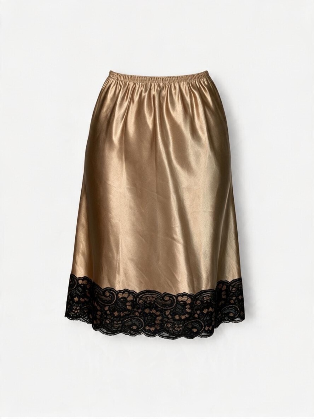 Vintage Lucie Ann II Champagne Satin Lace Trim Midi Skirt Small